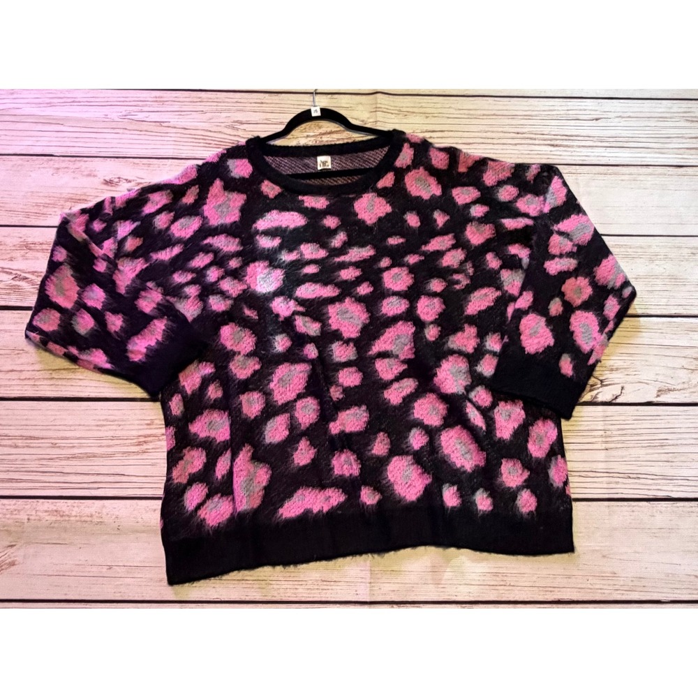 Sew In Love Pink Leopard Print Fuzzy Eyelash Knit Sweater Plus Size 3XL
